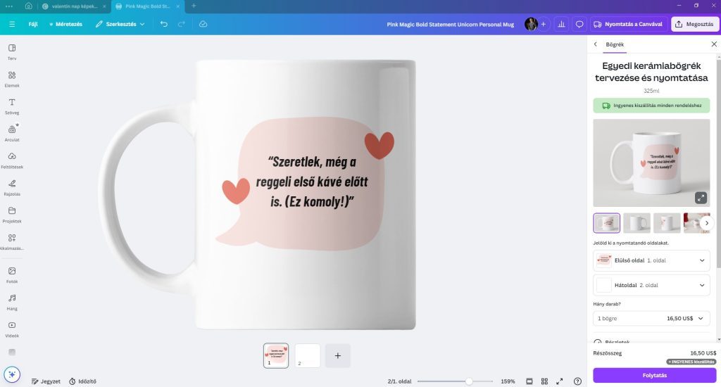 Valentin nap bögre készítése Canvával
