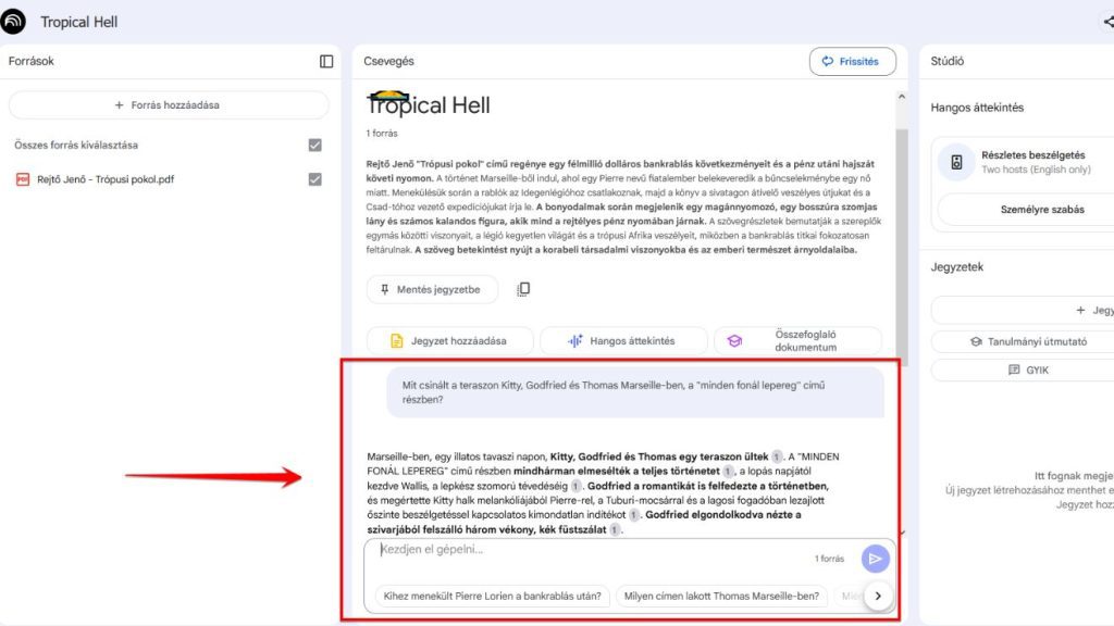 Képernyőkép a Google NotebookLM használatáról