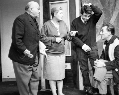 Petőfi Sándor utca 6., Katona József Színház, Václav Havel Kerti ünnepély című darabjának próbája. Tompa Sándor (Pufi), Olthy Magda, Sztankay István színművészek és Egri István rendező -1965 Kép