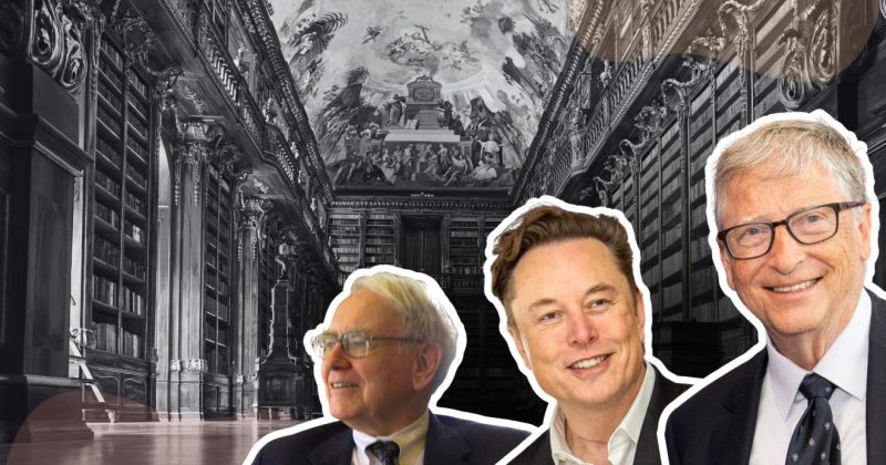 könyvtár, warren buffet, elon musk, bill gates Kép forrása Canva @tilialucida Portrék Wikipédia
